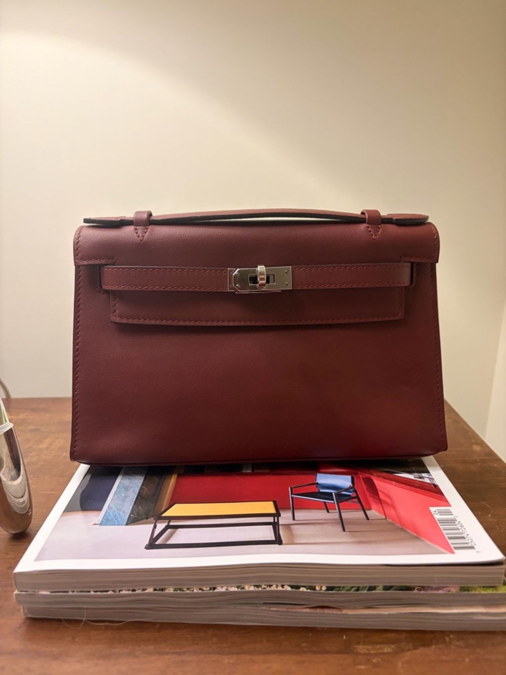 Unbranded H Kelly Pochette Style Bag Burgundy Silver Hardware Clutch - Picture 12 of 12